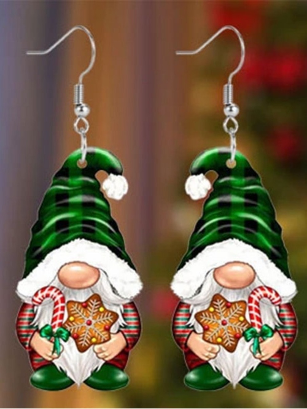 Christmas Gnome Dangle Earrings - Green Plaid Hat & Candy Cookie
